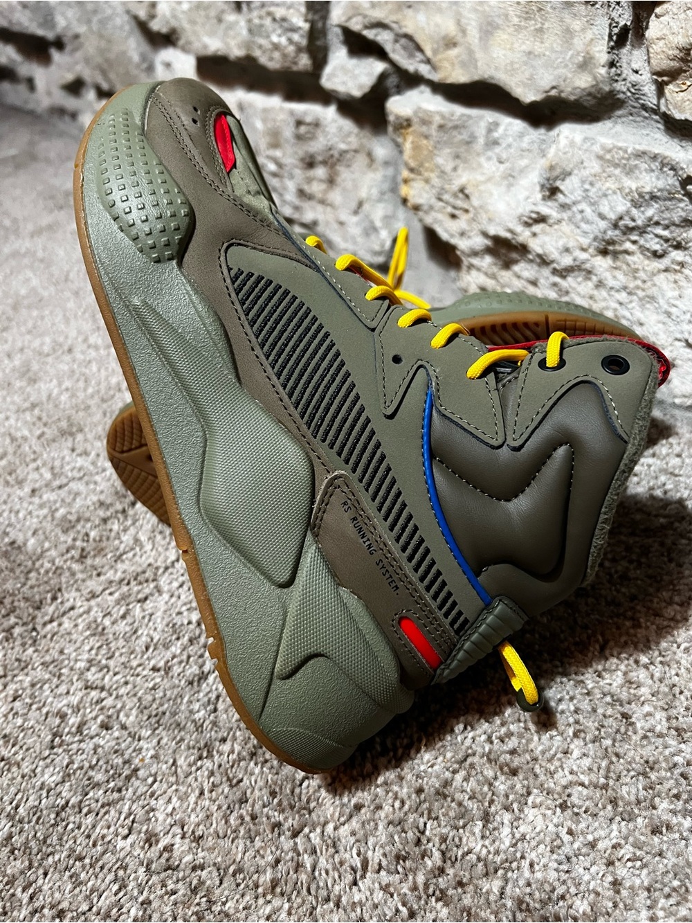 Puma Lichen Green High-Top Sneakers with Yellow Laces and Blue & Red Accents